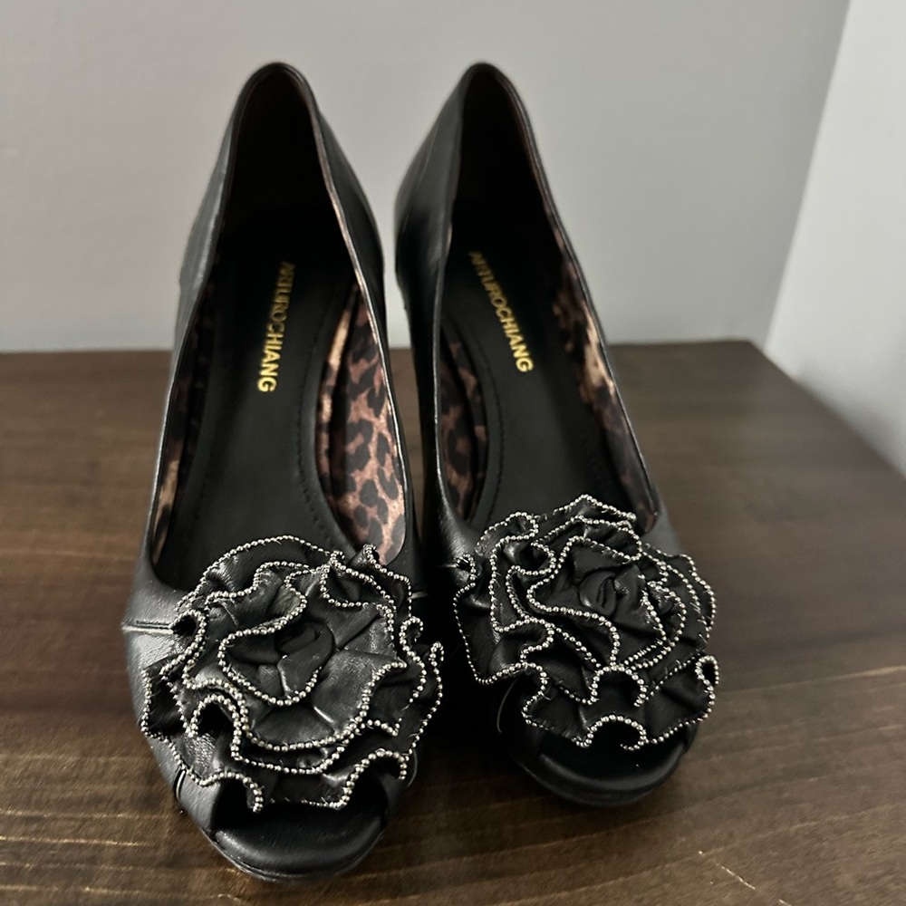 Arturo Chiang Black Heels with Floral Detail